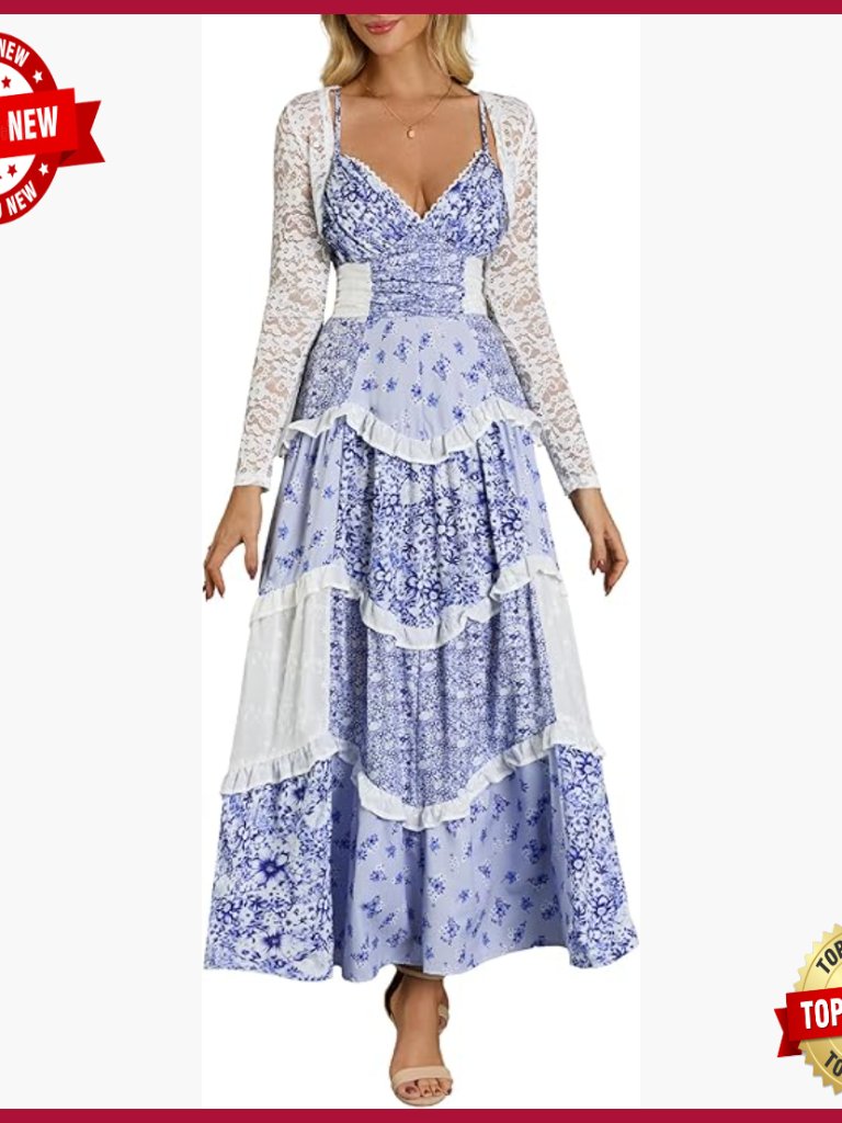 2-Piece Lace Shrug Maxi Dress Ruched Waist Long Sleeve